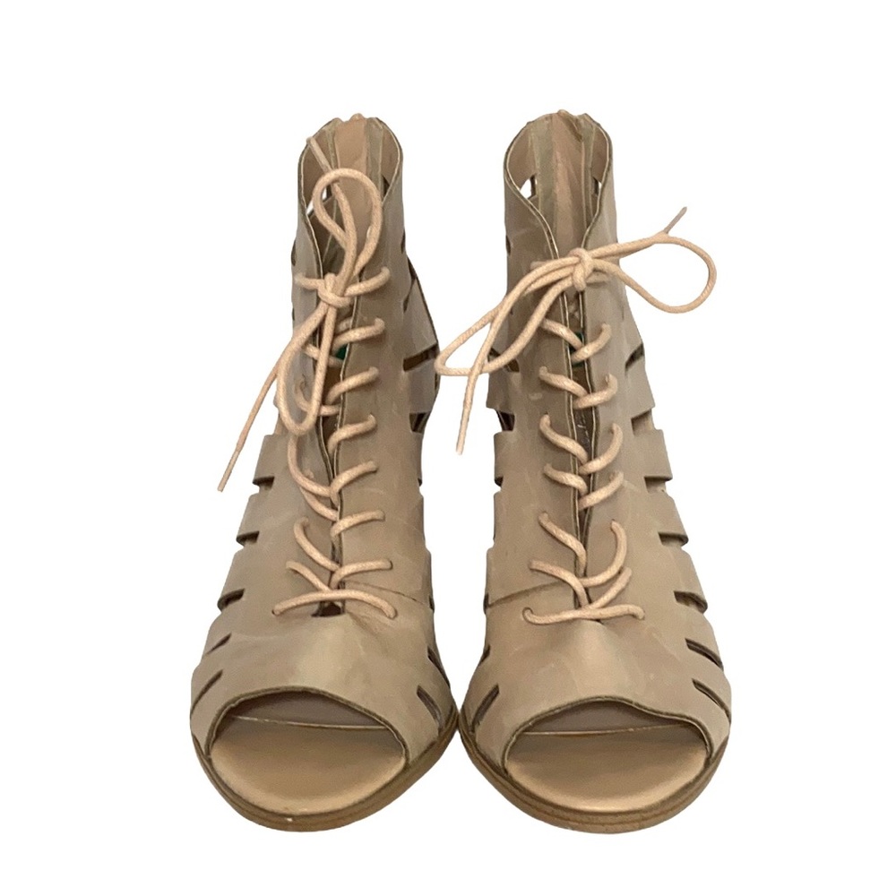 Tan Faux Leather Caged Lace-Up Booties 8 - Picture 2 of 12